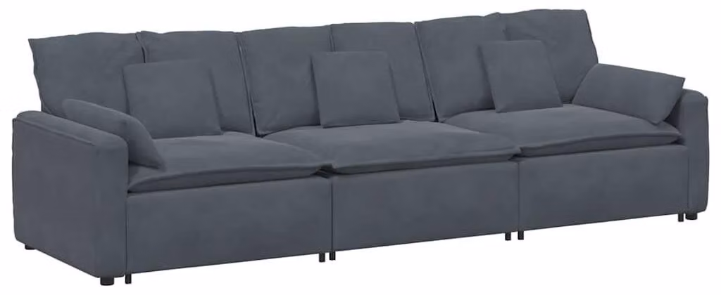Divano modulare, color grigio scuro, rivestito in velluto, larghezza 324 cm, struttura in metallo