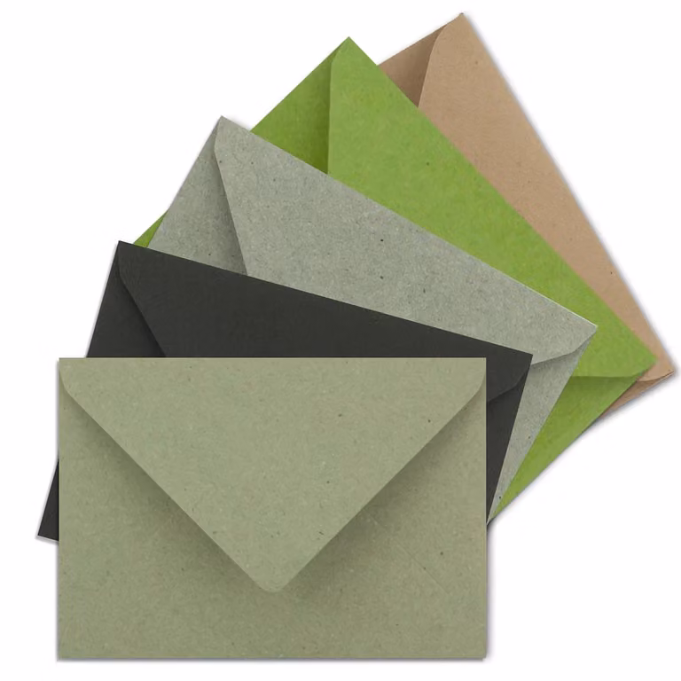 50 buste mini formato DIN C7, 8,1 x 11,4 cm, carta kraft, chiusura a linguetta umida, senza stampa