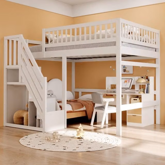 Letto in legno massello 140 x 200 cm con scala e armadio contenitore, ringhiera alta, per bambini e ragazzi, Bianco (vecchio SKU LDB00165AAK)