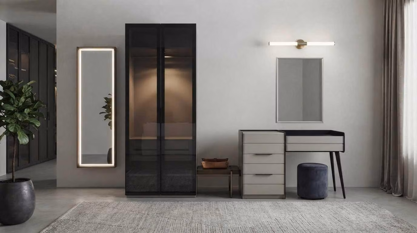Armadio, tavolino da trucco, beige, nero, moderno, elegante, specchio