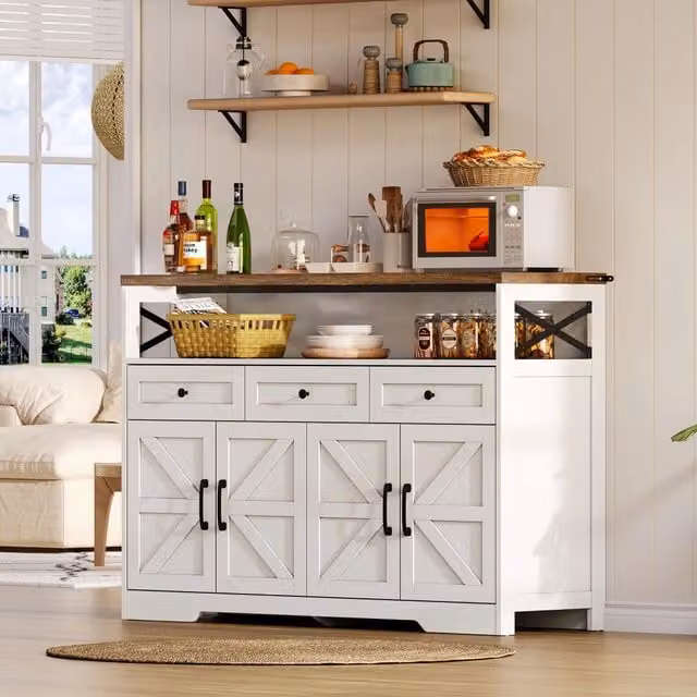 Buffet REDOM in MDF stile rustico con 3 cassetti e 2 armadi, Marrone/Bianco, L 140 cm x P 35 cm x H 95 cm