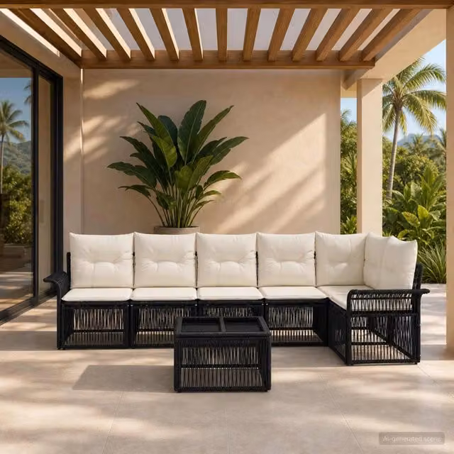 Set da giardino moderno vidaXL composto da 7 pezzi in rattan nero con struttura in acciaio e cuscini inclusi