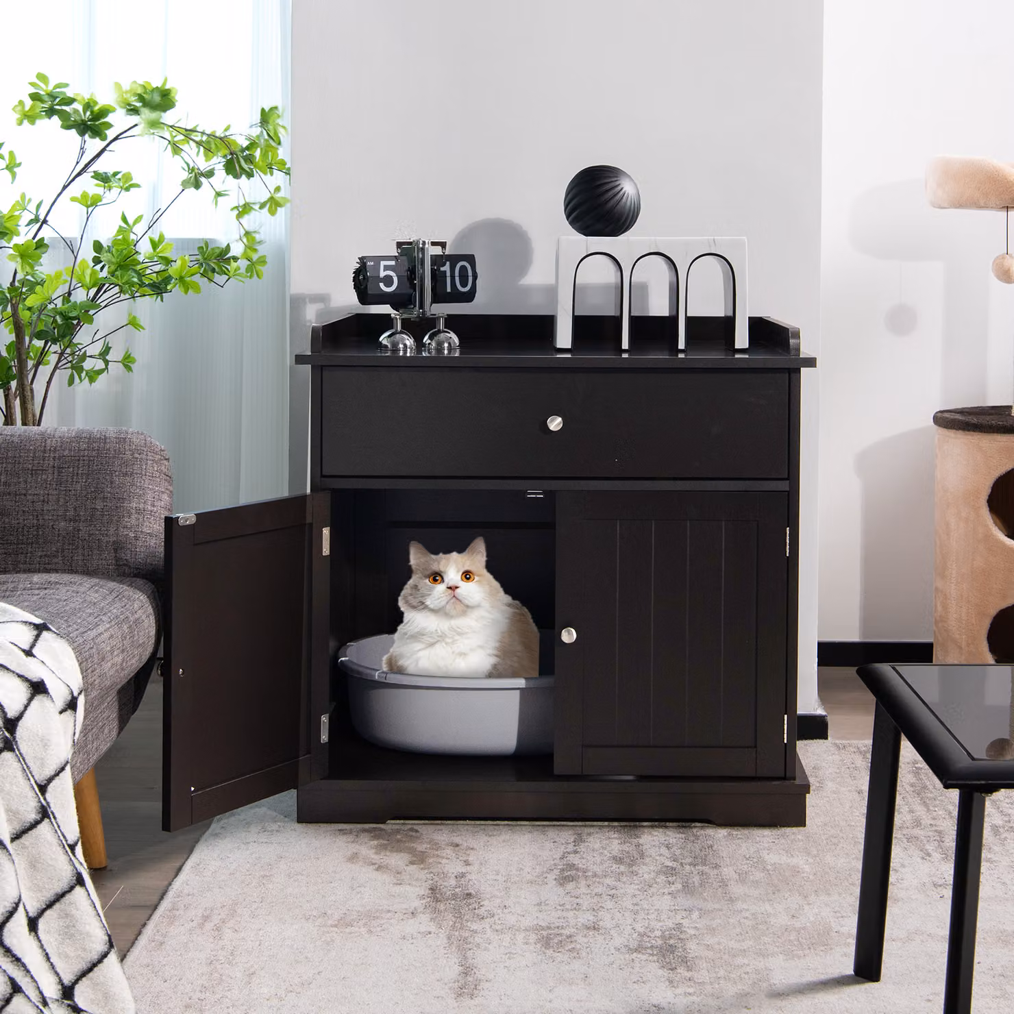 Armadietto moderno per lettiera per gatto Costway con cassetto e 2 porte, colore Marrone