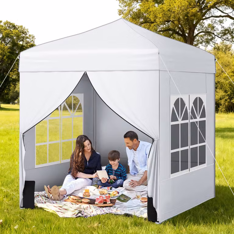 Gazebo pieghevole da giardino Costway in acciaio al carbonio con pareti removibili e altezza regolabile, Bianco