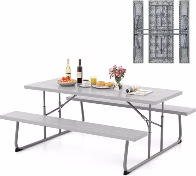 Tavolo da picnic pieghevole Design Mania con 2 panche, set da giardino in metallo e plastica, grigio, con foro per ombrellone, L: 183 cm – 1