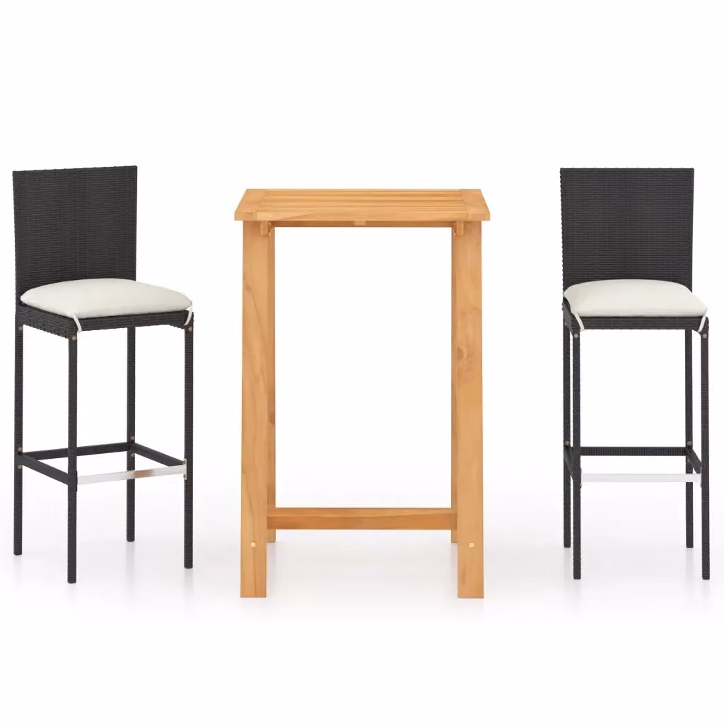 Set Bar da Giardino vidaXL in Legno di Acacia e Polyrattan con Cuscini Nero e Beige – 2