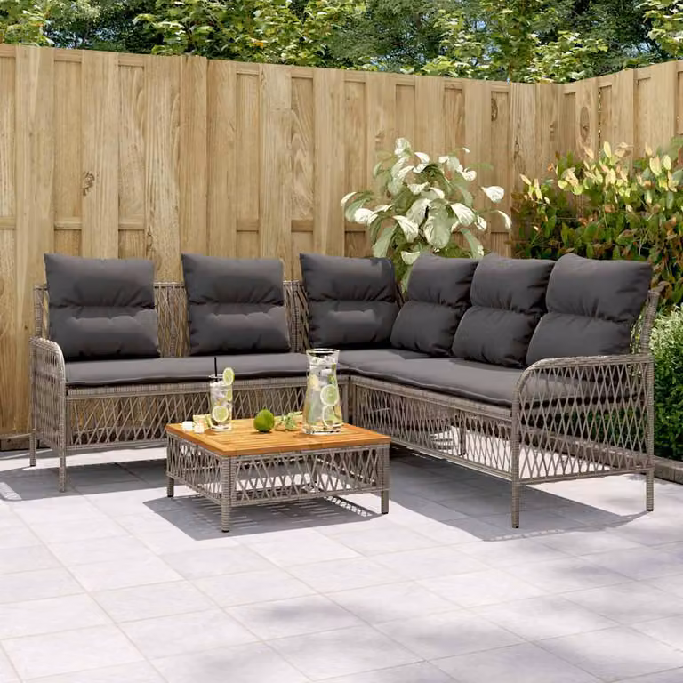 Set Divano da Giardino L-Shape vidaXL in Polyrattan Grigio con Cuscini e Tavolino da Esterno