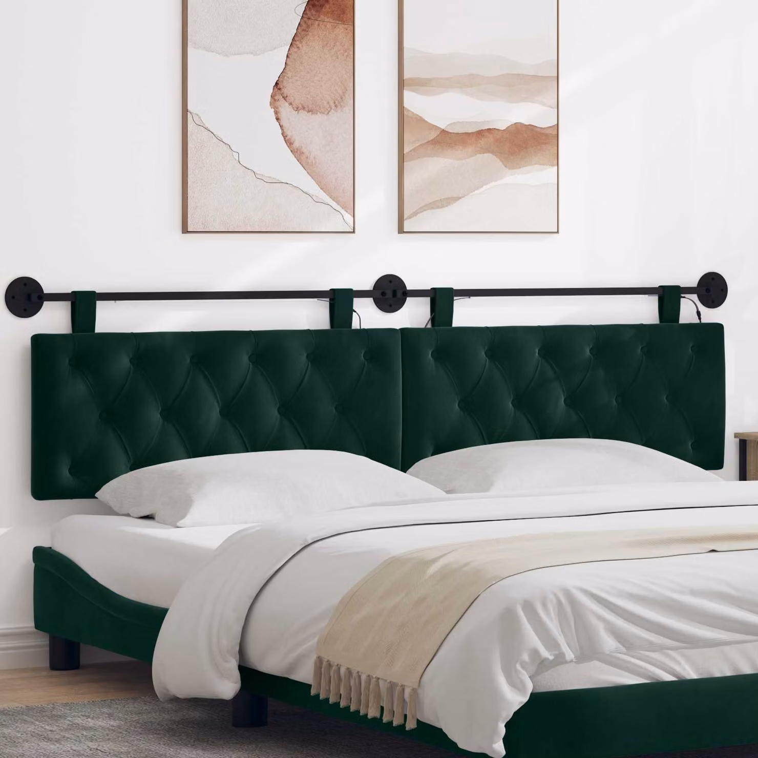 Testiera sospesa vidaXL in velluto verde scuro con luce LED integrata L: 210 cm, H: 55 cm, P: 7 cm