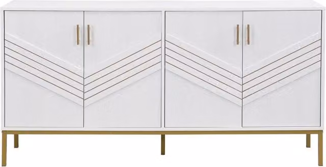 Sideboard moderno bianco e oro con 4 porte, struttura in MDF e piedi in metallo, mensole regolabili, 160x40x80,5 cm