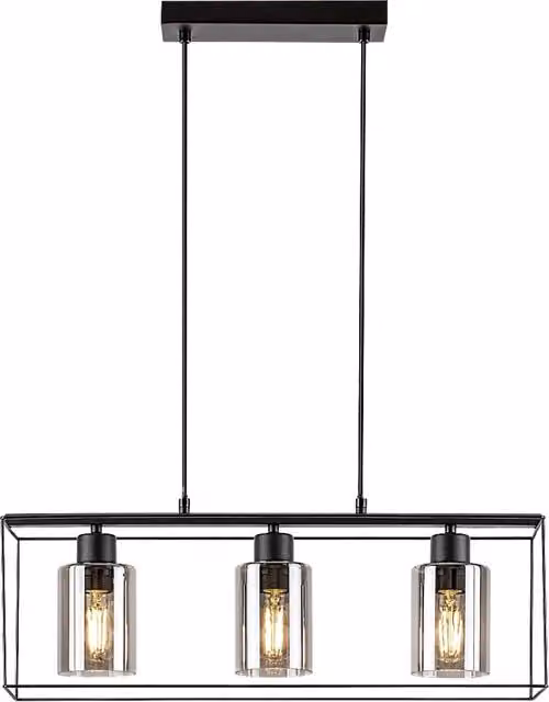 Lampada a sospensione Rabalux Chadwick in metallo e vetro nera con diffusore fumé, 3xE27, H: 120 cm, L: 19 cm, P: 60 cm