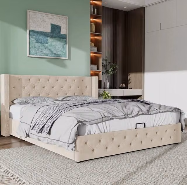 Letto imbottito Chesterfield con contenitore 140x190 in velluto beige