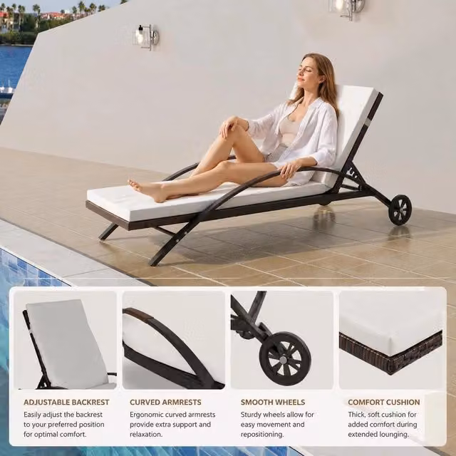 Sun Lounger With Cushion & Wheels, Poly Rattan, Brown