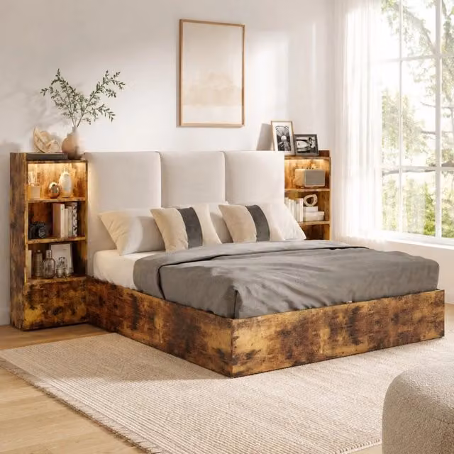 Letto a piattaforma 180 × 200 cm con testiera imbottita vano contenitore sei scomparti MDF compensato marrone LED