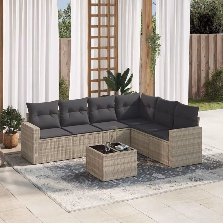 vidaXL Set Divani da Giardino a Forma di L in Polyrattan con Cuscini Grigio Chiaro e Tavolino da Esterno 7 Pezzi
