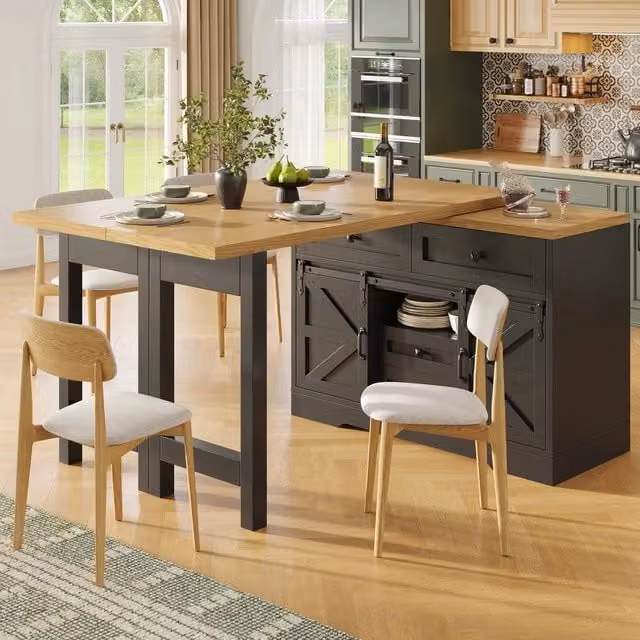 Isola da cucina con tavolo da pranzo 2 in 1 ¨C Minimal ¨C in legno effetto noce, con cassetti nascosti, pannelli girevoli 360¡ã