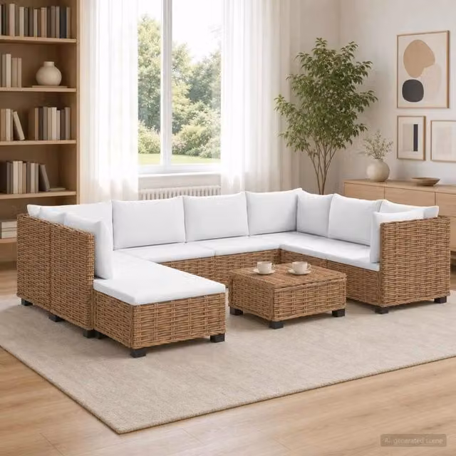 Set Lounge da Giardino vidaXL in Rattan e Legno con Cuscini Beige e Bianchi, 9 Pezzi