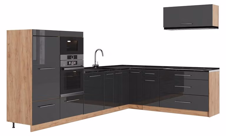 Cucina angolare completa Vicco Fame-Line Antracite lucido/Rovere dorato 327 x 227 cm senza piano di lavoro, Model 64387