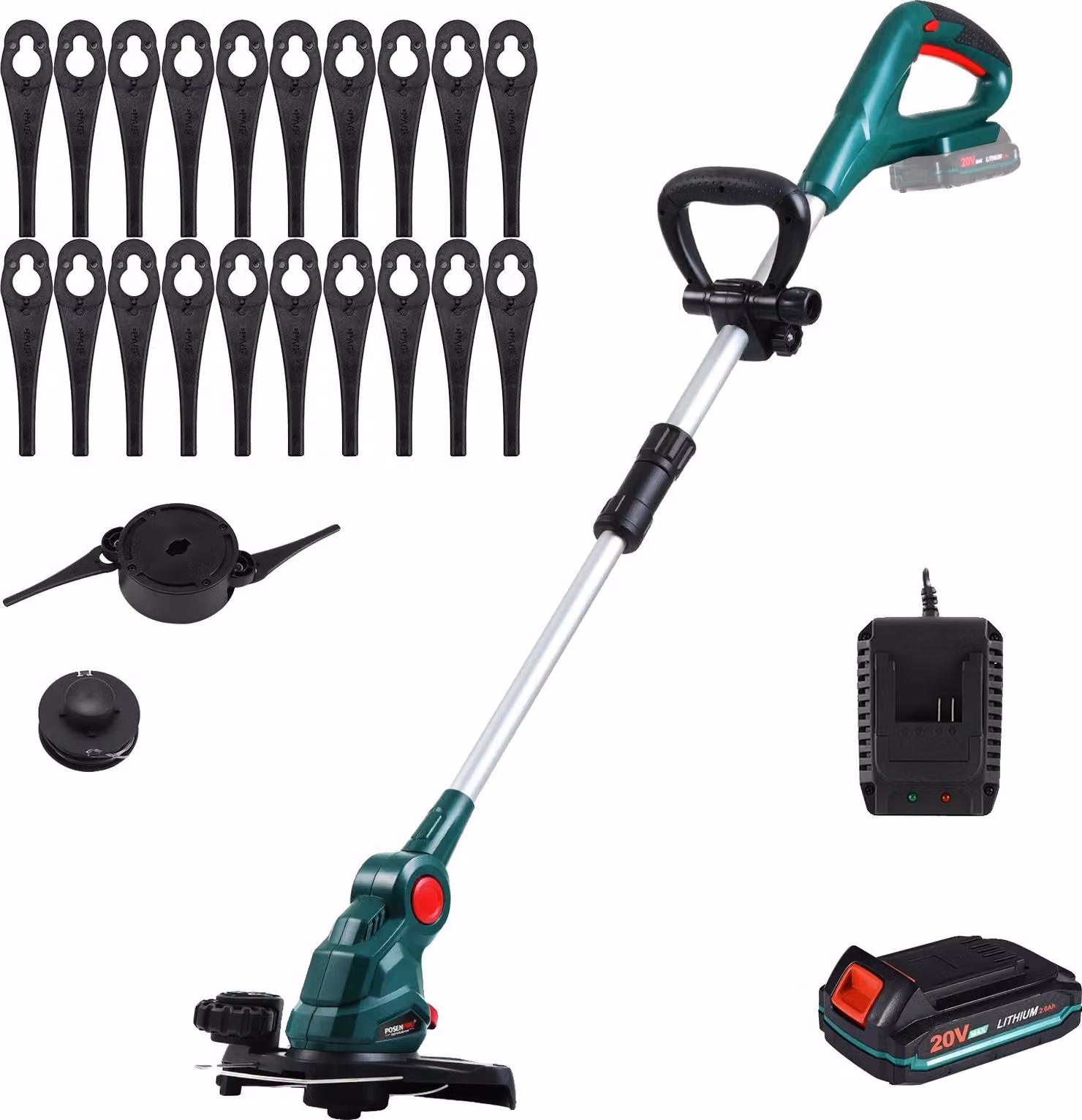 Tagliabordi a batteria, angolo di taglio regolabile, manico telescopico, UE, una batteria, 26 cm