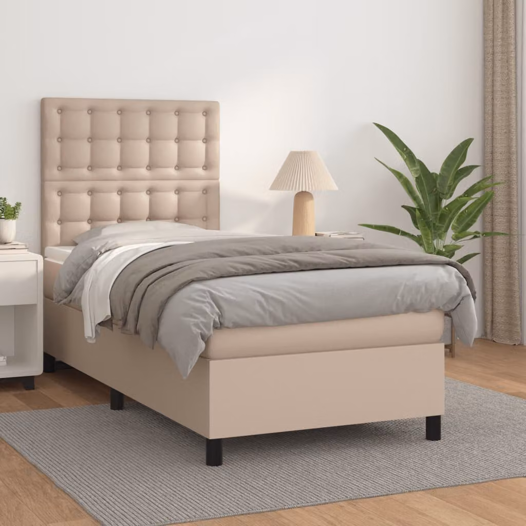 vidaXL Letto con Giroletto a Molle e Materasso Ibrido in Similpelle Cappuccino L/P/H: 200 x 100 x 128 cm