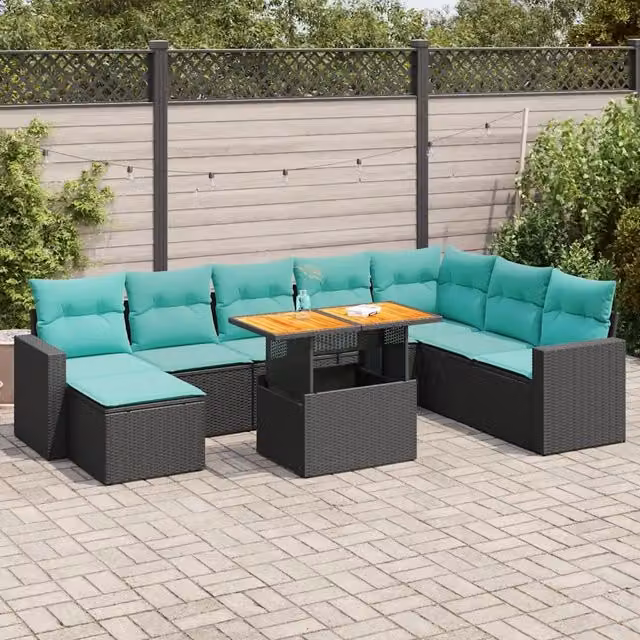 Set Divani da Giardino 9 pz con Cuscini Nero in Polyrattan 3327074