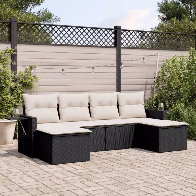 vidaXL Set Divano da Giardino a L 6 pz in Polyrattan Nero con Cuscini e Tavolino