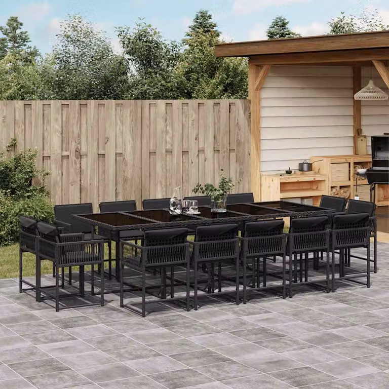 Set da pranzo da giardino vidaXL in polyrattan nero con cuscini e tavolo in vetro per 15 persone