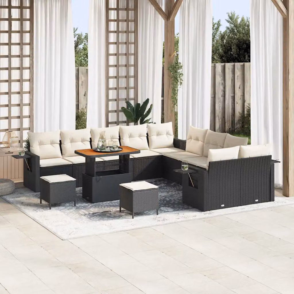 Set Divano da Giardino vidaXL 13 Pezzi in Polyrattan Nero con Cuscini e Tavolino da Esterno – 1