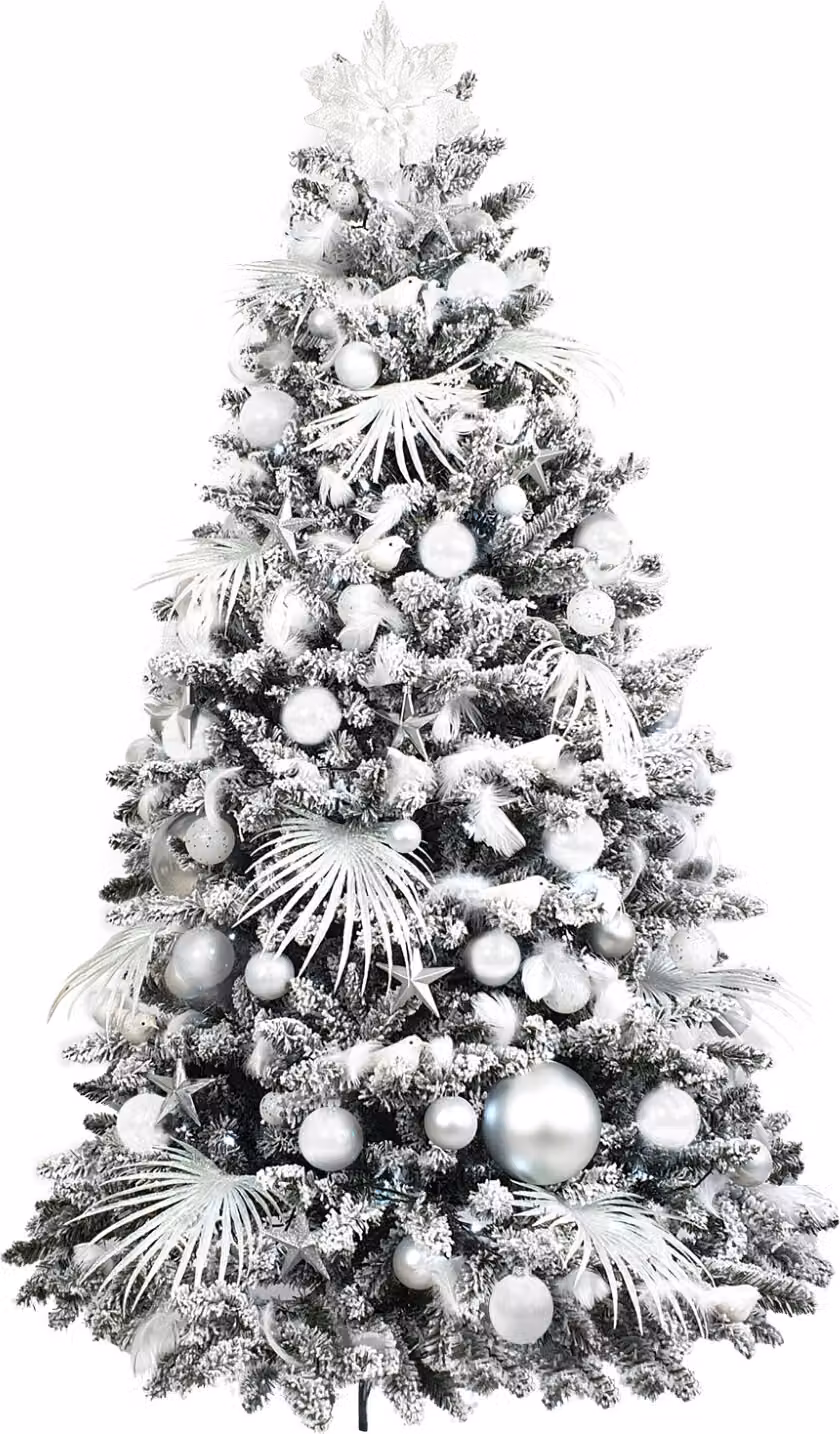 Albero di Natale artificiale decorato con 139 ornamenti BIANCO POLARE 270 cm con supporto e ornamenti natalizi