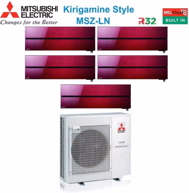 Climatizzatore Condizionatore Mitsubishi Electric Penta Split Inverter Kirigamine Style MSZ-LN con MXZ-5F102VF Colore Rosso Ruby Red Wi-Fi Integrato Classe Energetica A++