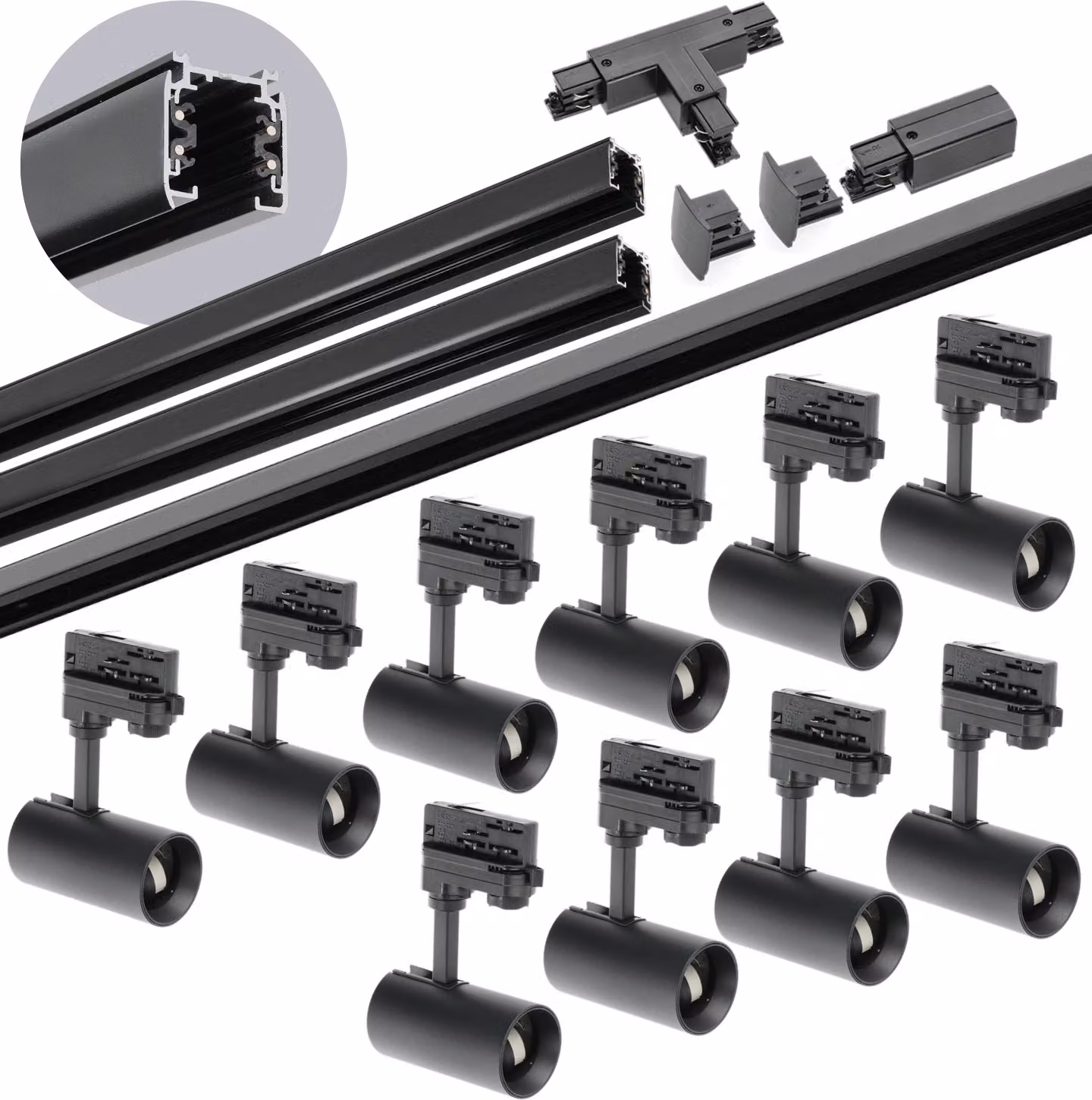 Set di binari trifase NEXTRACK - Set completo di sistema a binari con 10 lampade GU10, binari da 2 x 1 m e 1 da 2 m, connettore a T esterno nero