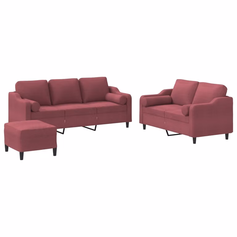 Set di Divani 3 pz con Cuscini Rosso Vino in Tessuto