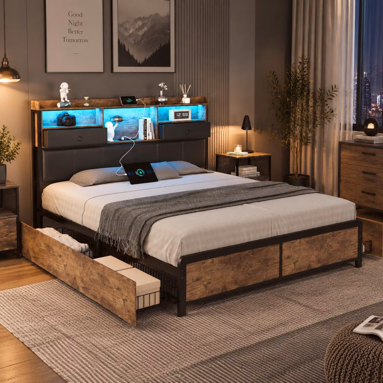Letto imbottito INONEFT 140x200 con illuminazione LED e funzione di ricarica USB, struttura in metallo con 4 cassetti, letto matrimoniale con testiera contenitore, rivestito in PU, colore nero