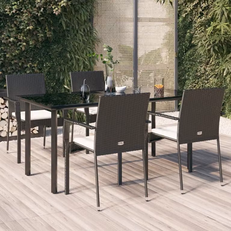 Set da pranzo da giardino moderno vidaXL in polyrattan nero con tavolo in vetro e 5 sedie con cuscini