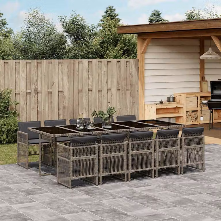Set Pranzo da Giardino vidaXL 11 pz in Polyrattan con Cuscini Beige Misto e Tavolo in Vetro