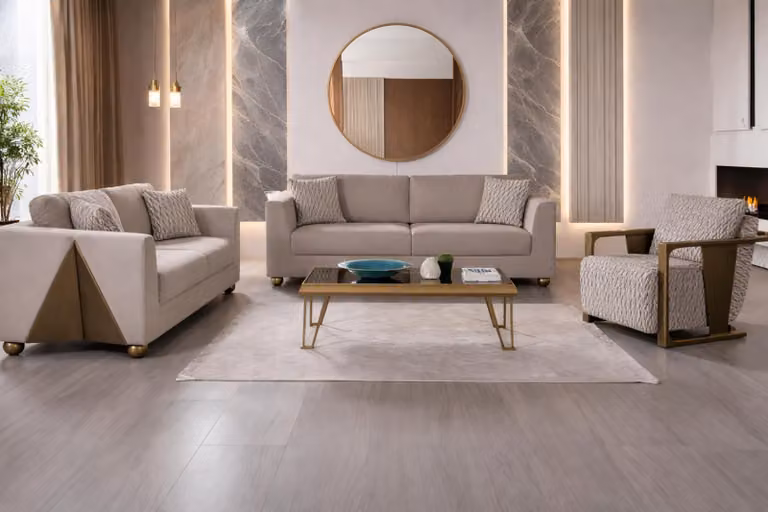 Divano beige, set esclusivo per soggiorno, divani imbottiti di design, tavolino da caffè