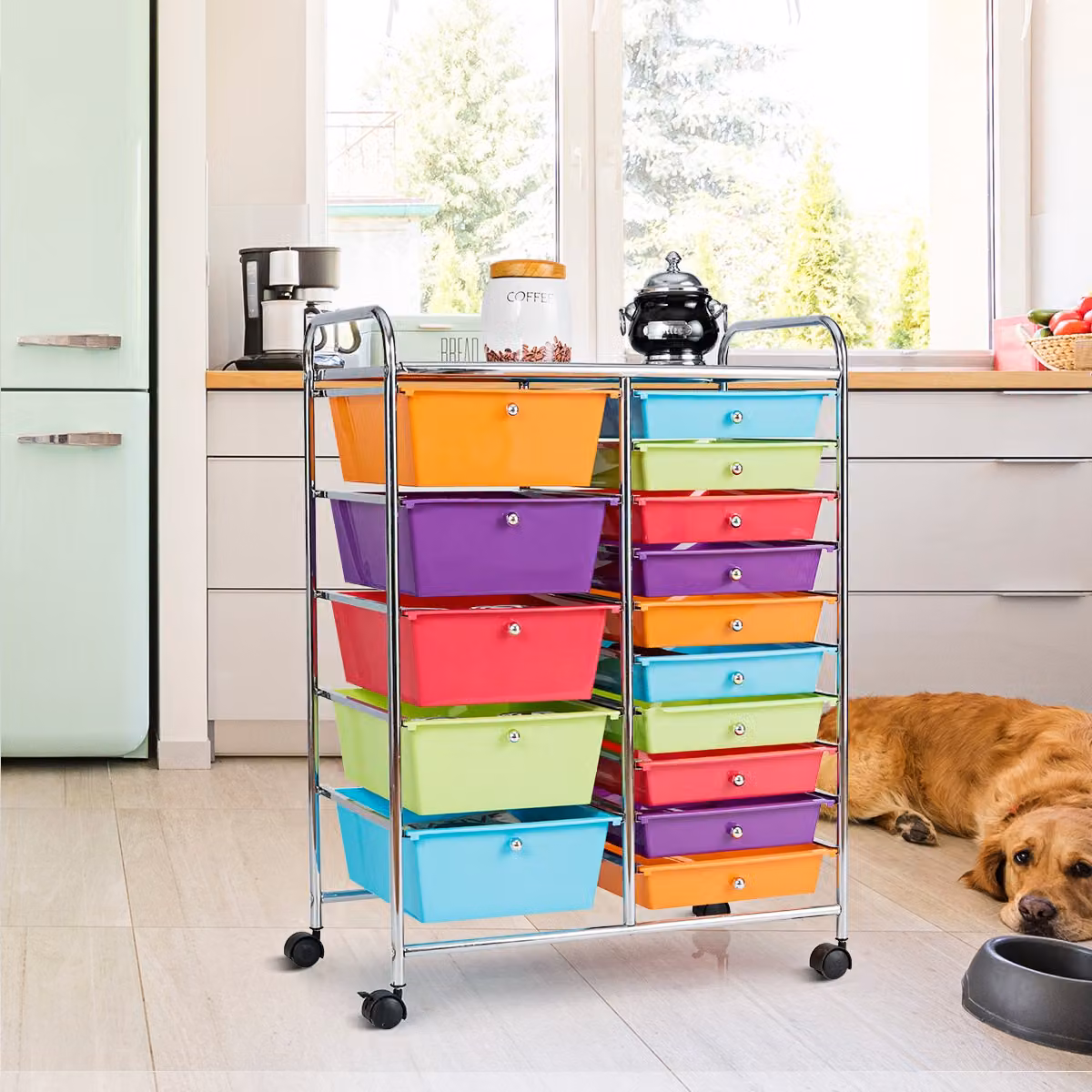 Carrello cassettiera multiuso Costway con 15 cassetti in plastica colorata e ruote per cucina, bagno o ufficio