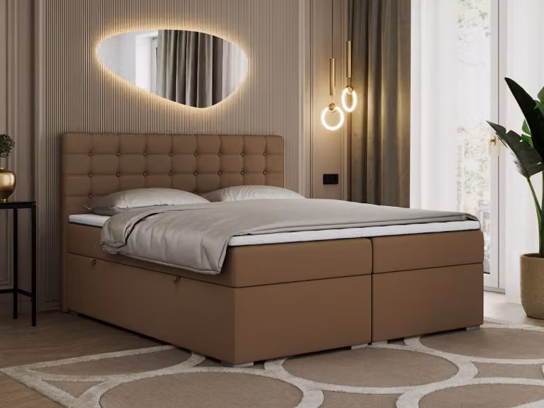 Letto con boxspring 200x200 con contenitore, letto 200x200 con materasso e topper - SUSAN - 200x200 - Marrone - Ecopelle - Altezza 40 cm