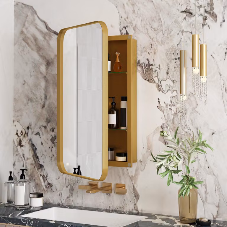 MODFU Elegante armadietto a specchio per medicinali con struttura in metallo, armadietto a muro con spazio di archiviazione e ripiani regolabili per bagni, oro