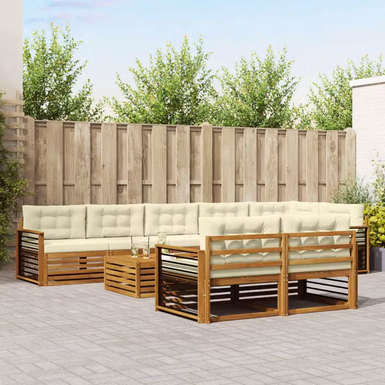 vidaXL Set di divani da esterno 9 pz in legno di acacia con cuscini, forma a L, colore beige e marrone