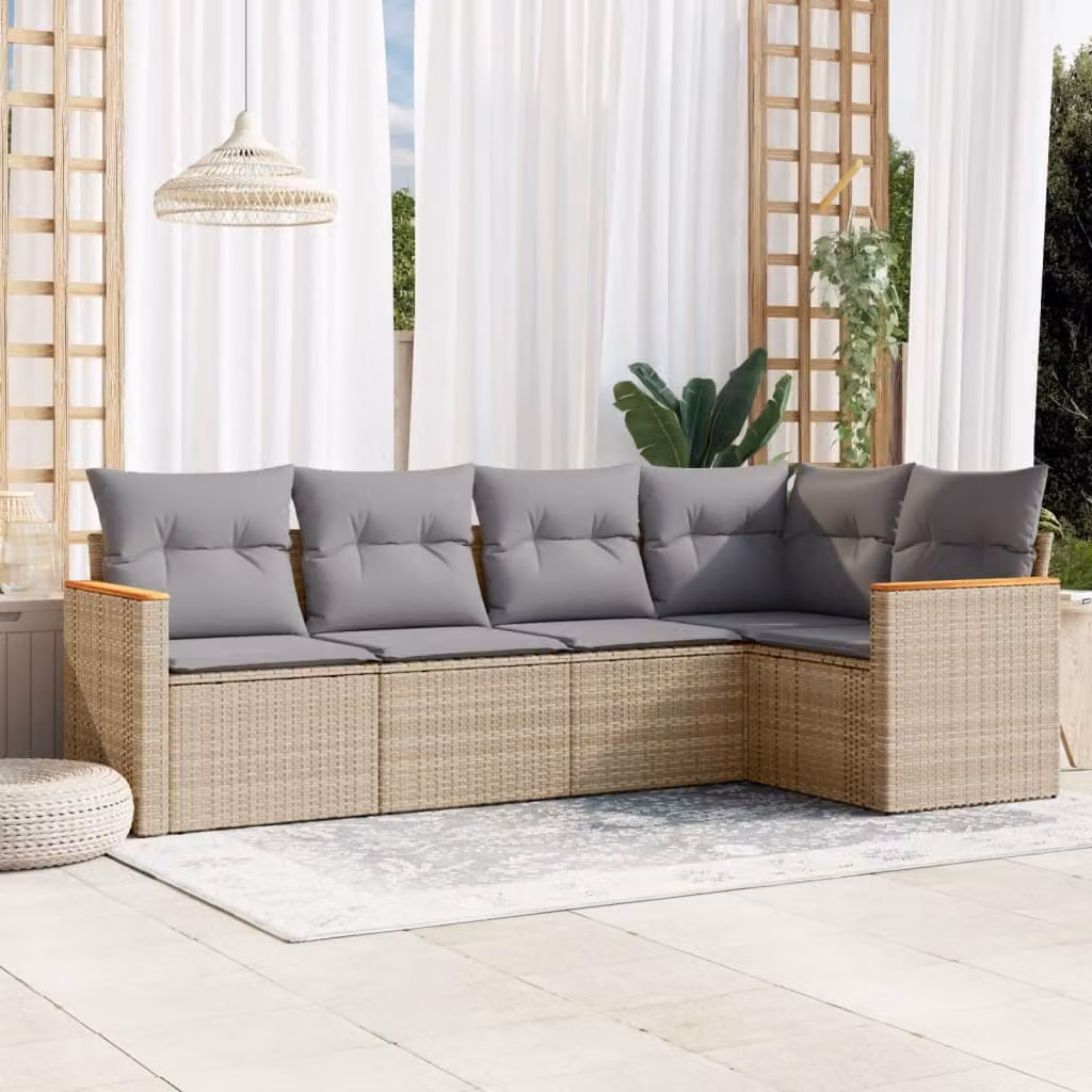 vidaXL Set Divano da Giardino a L 5 pz in Polyrattan con Cuscini Beige e Struttura in Legno di Acacia
