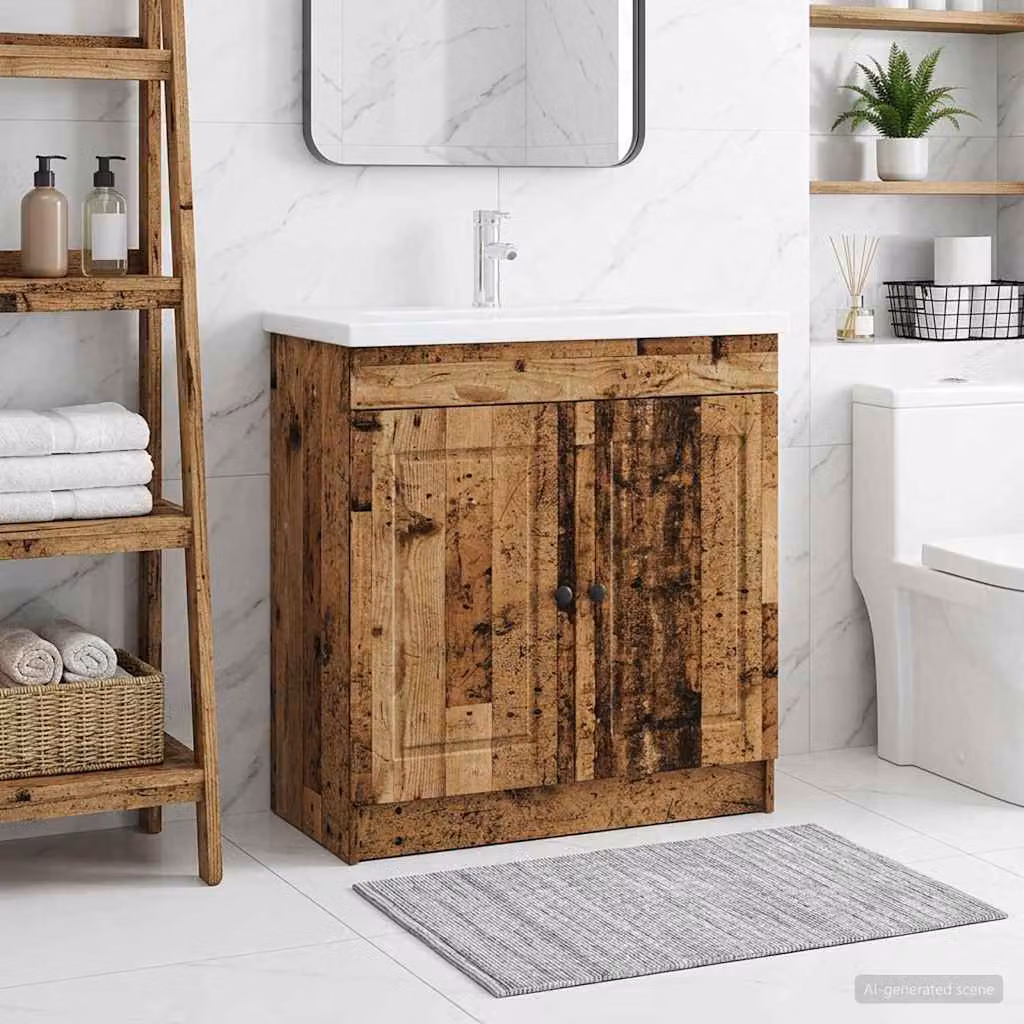 Mobiletto da bagno sotto il lavello vidaXL in legno antico marrone con ante a battente e ripiani interni, L/P/H: 81,0 x 37,5 x 56,0 cm