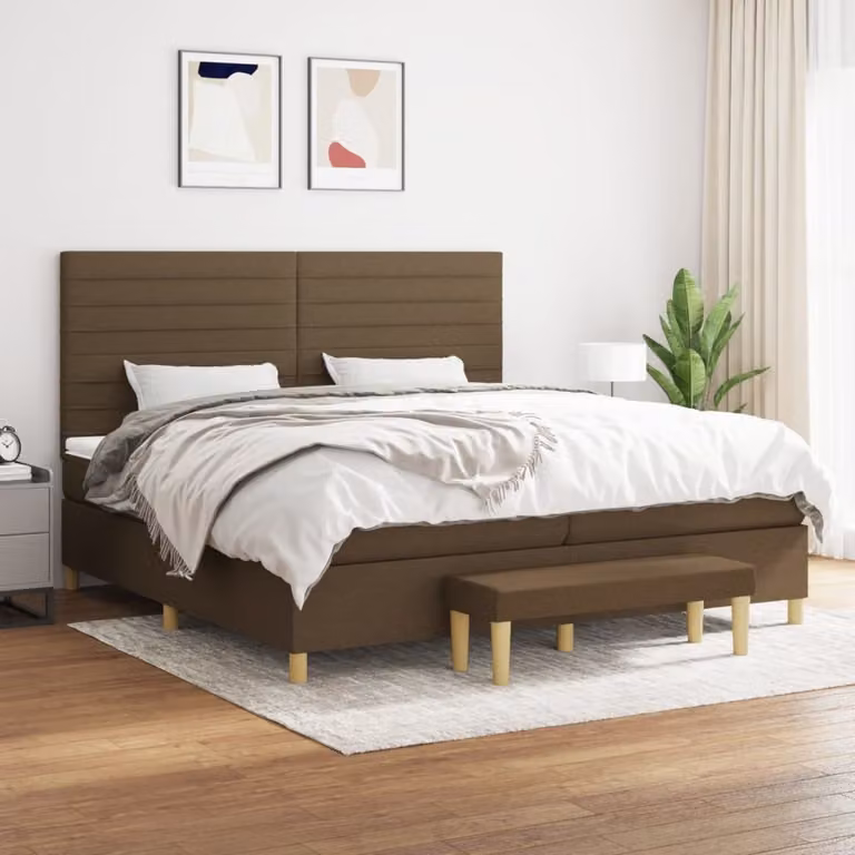 The Living Store Letto a molle con materasso marrone scuro 200x200 cm in tessuto