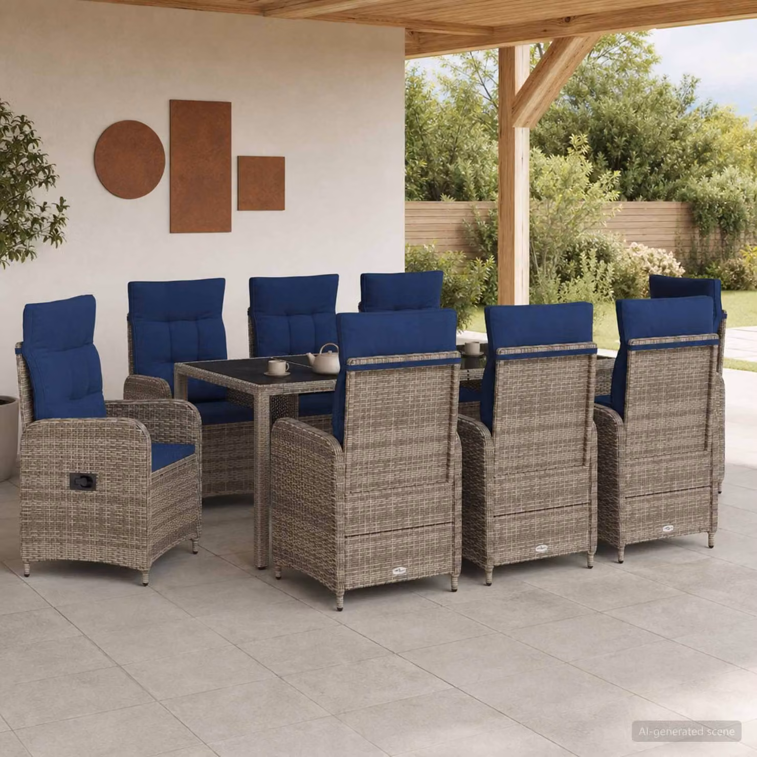 Set da pranzo per esterni vidaXL in polyrattan e vetro grigio, 9 pezzi