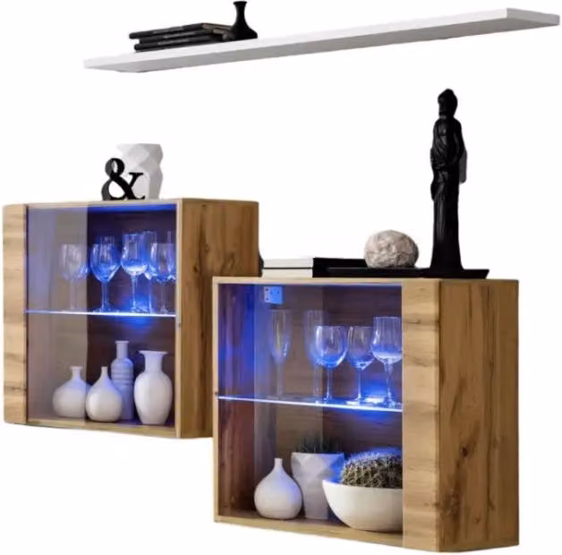 Composizione murale SWITCH SBIII – Cubi in vetro LED e mensola – Rovere Wotan e bianco – Design moderno