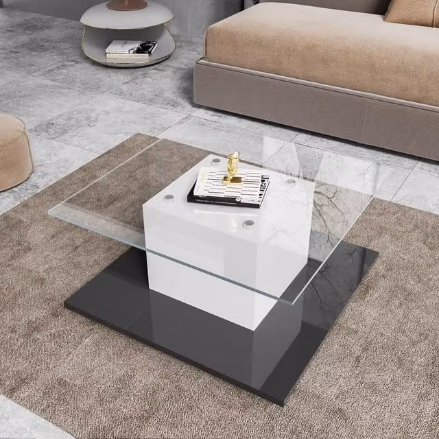 Tavolino da salotto LED con piano in vetro temprato e ruote con freno, per soggiorno, bianco e nero, 80 × 80 × 40 cm