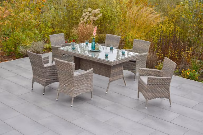 Set di mobili da giardino Merxx 13 pezzi, 6 poltrone, 6 cuscini, tavolo 160 x 90 cm - alluminio/resina intrecciata