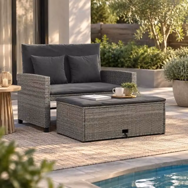 2-seater Garden Sofa With Cushions, Grey Poly Rattan