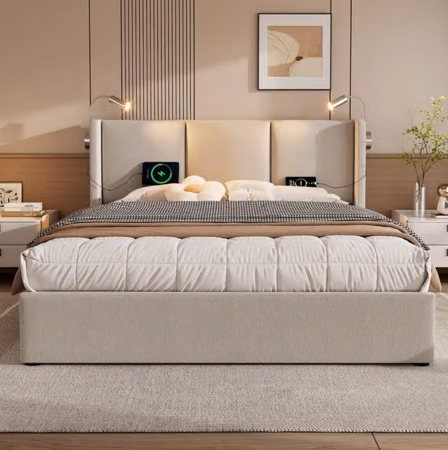 Letto matrimoniale 180x200 cm con contenitore; luce da lettura LED e 2 USB; beige