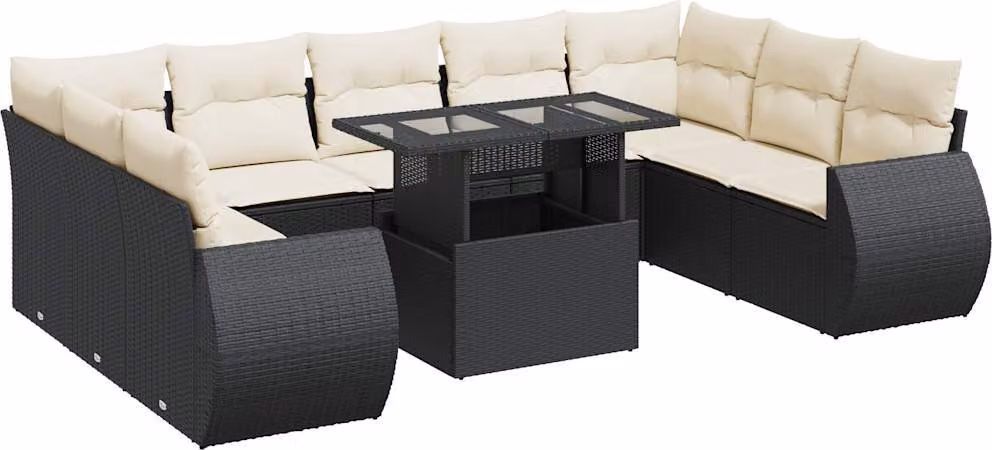Set Divani da Giardino 10pz con Cuscini in Polyrattan Nero