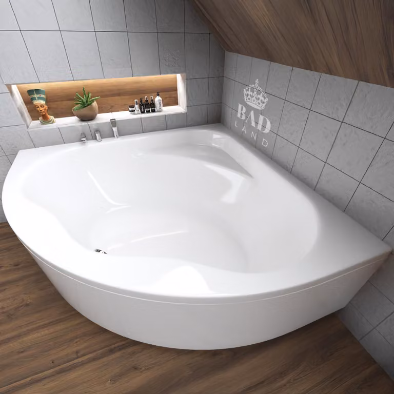 Vasca da bagno angolare 150x150 con grembiule in acrilico, set di scarico e piedini GRATIS | Set completo 4in1 Vasca da bagno originale in acrilico con sifone | BADLAND STANDARD